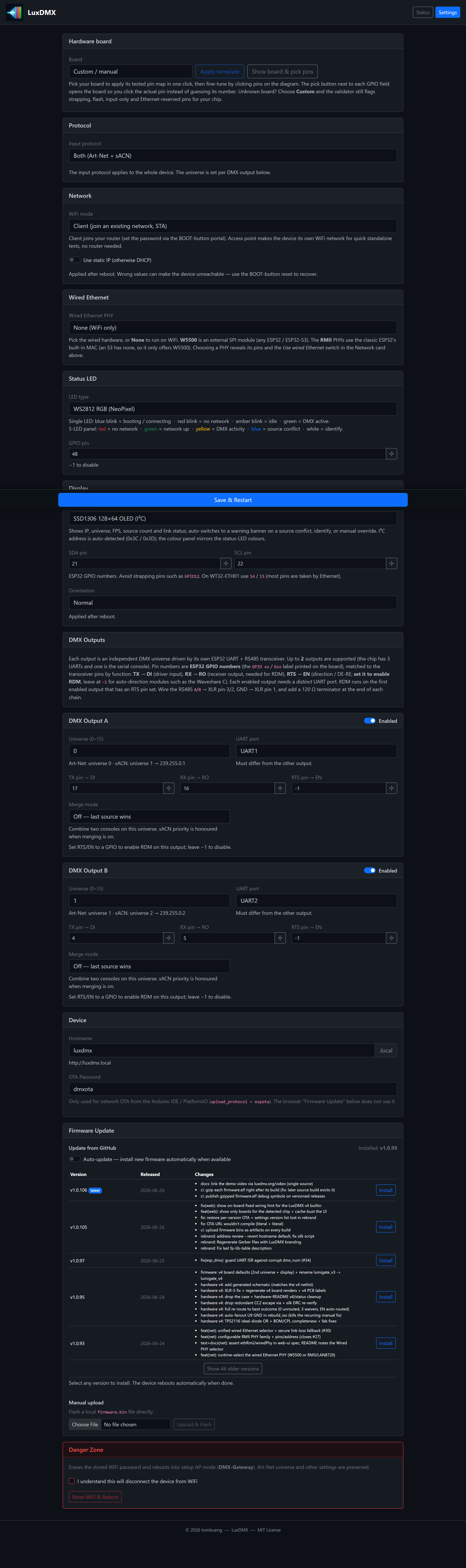 LuxDMX settings page